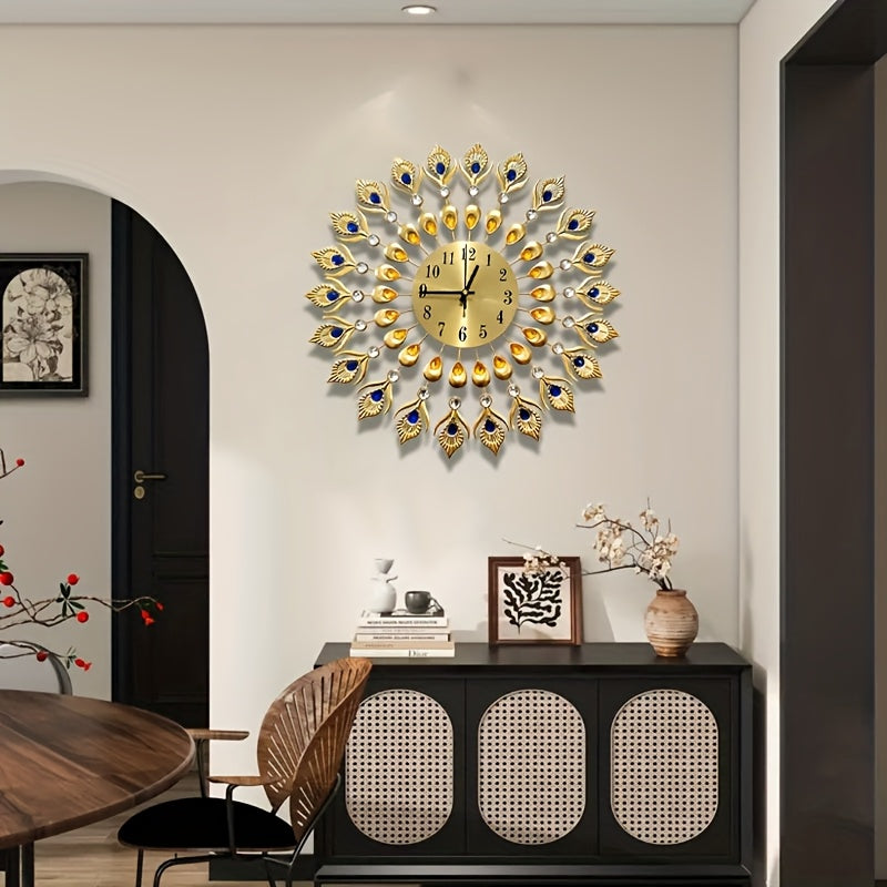Elegant Peacock Pattern Metal Silent Wall Clock - Modern Minimalist Quartz Movement, No Ticking Sound, Auto Shut-Off, Round Metal Wall Clock with & Golden Peacock, For Living Room, Bedroom, Peacock Decor, Bedroom Accessory, H