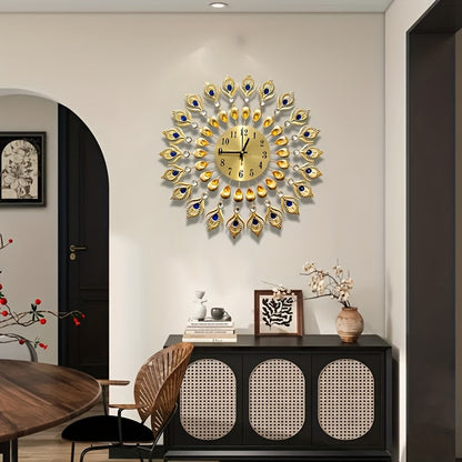 Elegant Peacock Pattern Metal Silent Wall Clock - Modern Minimalist Quartz Movement, No Ticking Sound, Auto Shut-Off, Round Metal Wall Clock with & Golden Peacock, For Living Room, Bedroom, Peacock Decor, Bedroom Accessory, H