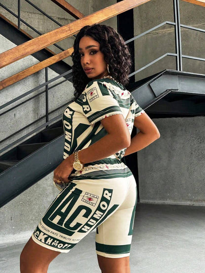 INAWLY 2pcs/Set Women Summer Letter Print Round Neck Short Sleeve T-Shirt And Shorts Casual Outfit