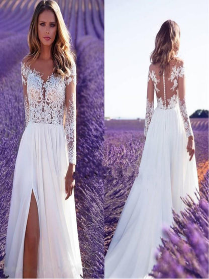 Long Sleeved See Through Lace Slit Dress, Women'S Wedding Bridesmaid Dress, Long Dress, Slim Fit, And Elegant Evening Dress