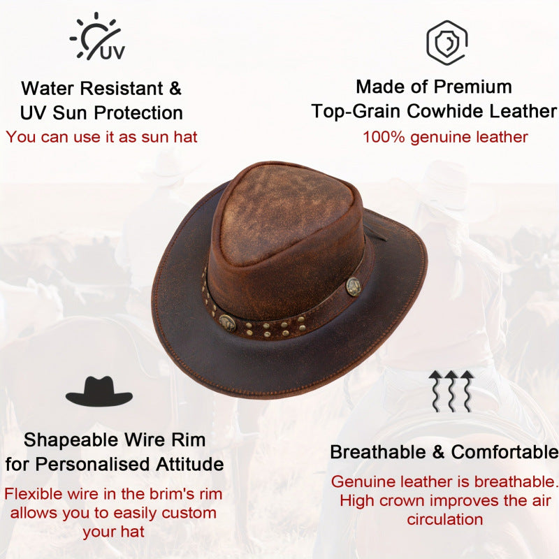 Men's & Women's Genuine First-Layer Cowhide Western Cowboy Hat - Vintage Australian Wide Brim, UPF Sun Protection, Breathable High Top with Rivet Trim, Outdoor Ranch Riding Hat for Rodeo, Casual Wear (Unisex)