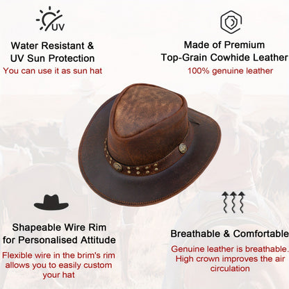 Men's & Women's Genuine First-Layer Cowhide Western Cowboy Hat - Vintage Australian Wide Brim, UPF Sun Protection, Breathable High Top with Rivet Trim, Outdoor Ranch Riding Hat for Rodeo, Casual Wear (Unisex)