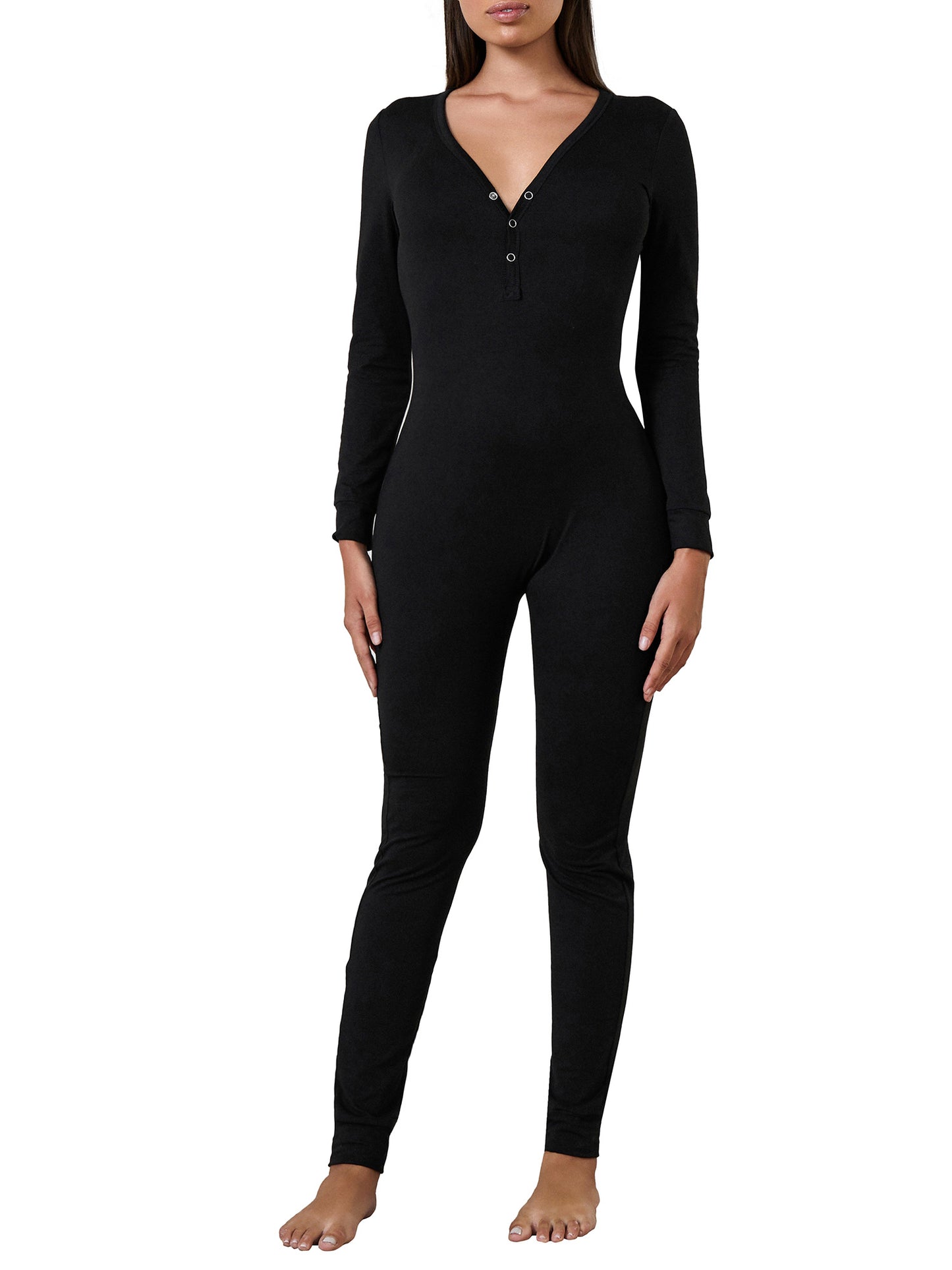 Women Functional Buttoned Flap Jumpsuit Sleepwear Solid Color Printed Long Sleeve Homewear Pajamas