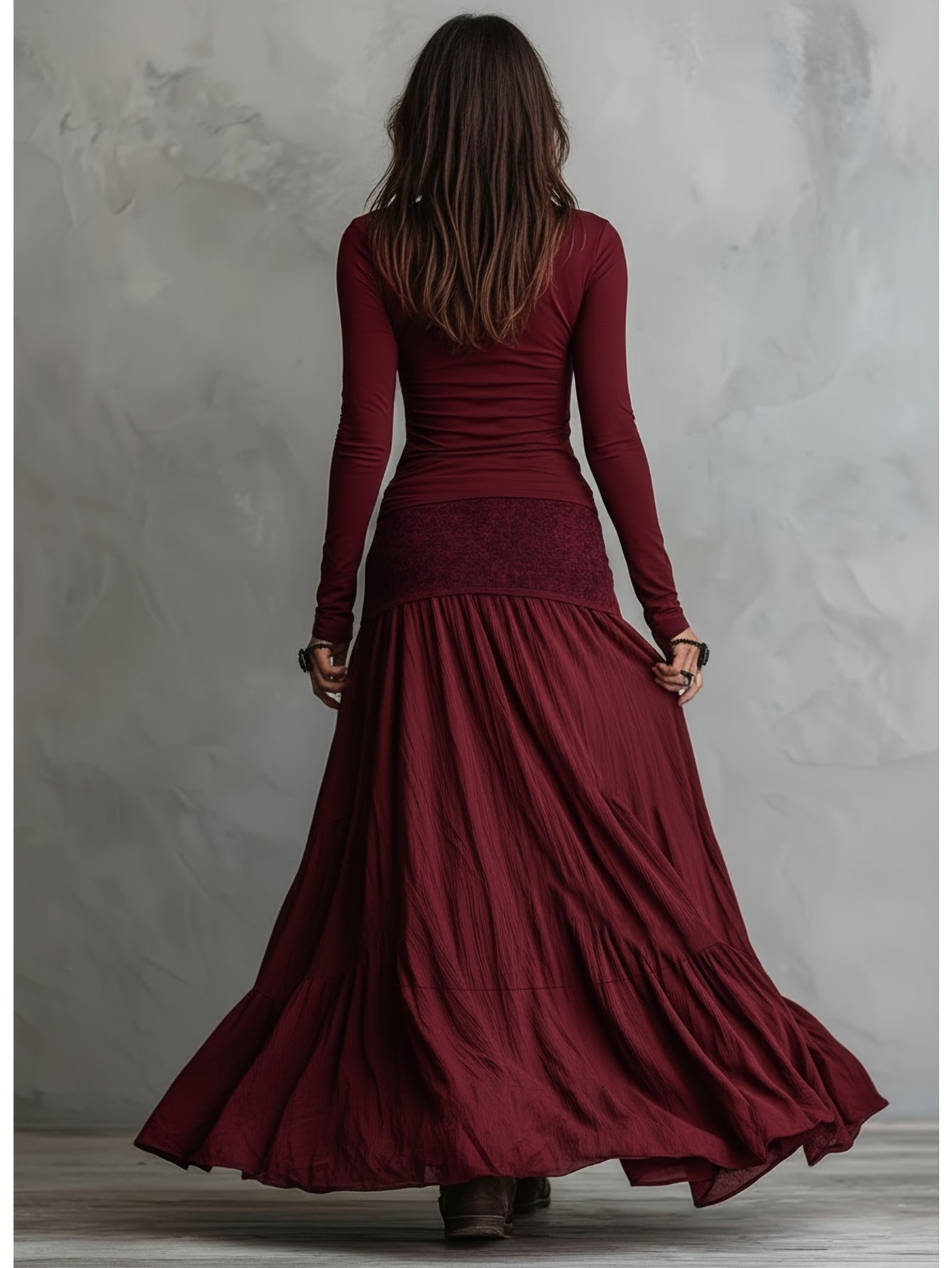 Burgundy Long-Sleeve T-Shirt + Full-Skirted Maxi Dress Two-Piece Set for Women | Soft Vintage Relaxed Vibe Suitable for Everyday Outings & Casual Dates