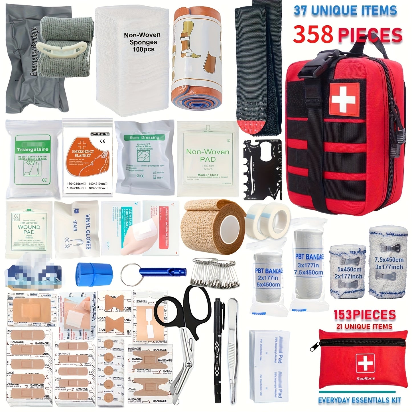 358pcs/153pcs Ultimate Tactical First Aid Kit With IFAK Pack - All-in-One Emergency Supplies, Portable & Durable Orange/Red/ Outdoor Kit With Tweezers, Fracture Splint, Whistle, Scissors & More For Hiking, Camping, Hunting, C