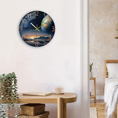 12 Inch Space-Themed Earth Landscape Wall Clock - Thick Tempered Glass, Silent Non-Ticking Modern Round Clock for Living Room, Bedroom Decor - Perfect Birthday & Holiday Gift (AA Battery Operated, Not Included), Sleek Hour Ma