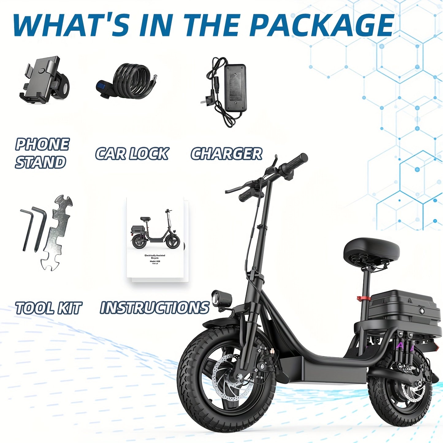 Peak Power 740W Adult Electric Scooter with Seat, 48V10/15AH Lithium Battery, 10 Shock Absorption, 14-Inch Tubeless Protective Tires, Dual Disc Brakes