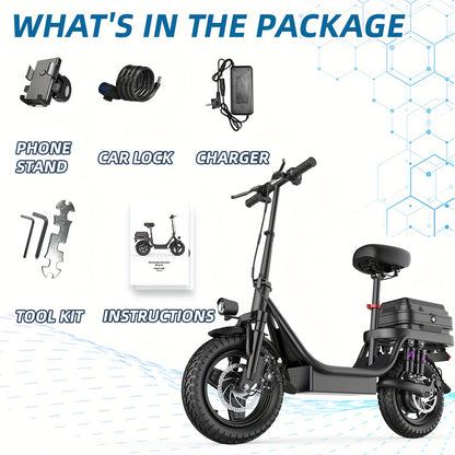 Peak Power 740W Adult Electric Scooter with Seat, 48V10/15AH Lithium Battery, 10 Shock Absorption, 14-Inch Tubeless Protective Tires, Dual Disc Brakes