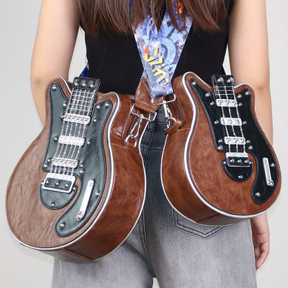 Women's & Unisex Y2K Retro Music-Themed Bass Guitar-Shaped Crossbody Bag with Detachable Strap, Golden-Tone Hardware & Zipper Closure - Band Style Handbag for Musicians & Music Lovers (Red/Black) - 2024 New Design with Chain