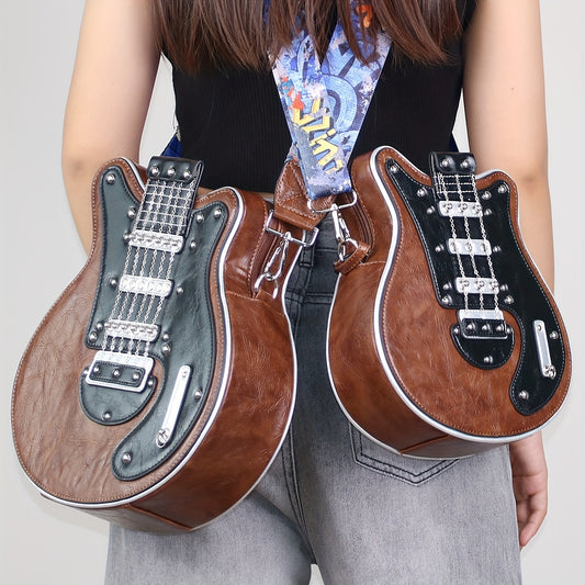 Women's & Unisex Y2K Retro Music-Themed Bass Guitar-Shaped Crossbody Bag with Detachable Strap, Golden-Tone Hardware & Zipper Closure - Band Style Handbag for Musicians & Music Lovers (Red/Black) - 2024 New Design with Chain