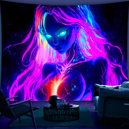 1pc Large UV Glow in the Dark Tapestry - Neon Glow under Light, Anime-Themed Fluorescent Wall Hanging for bedroom, Parties, Wrinkle-Resistant Fabric with Hand-Stitched Edges, UV Activated for home Decor (No installation)