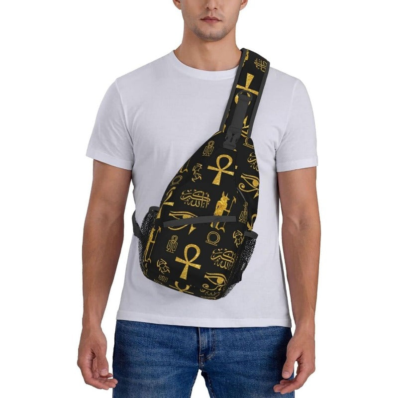 Men's Egyptian Hieroglyphic Print Crossbody Chest Bag - Golden & Black Ancient Egypt Design with Anubis & Scarab Beetle Symbols, Durable Zipper Closure, Casual Travel Backpack-like Waist Pack for Outdoor, Daily Use & Egypt-Th