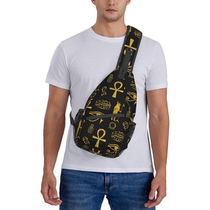 Men's Egyptian Hieroglyphic Print Crossbody Chest Bag - Golden & Black Ancient Egypt Design with Anubis & Scarab Beetle Symbols, Durable Zipper Closure, Casual Travel Backpack-like Waist Pack for Outdoor, Daily Use & Egypt-Th