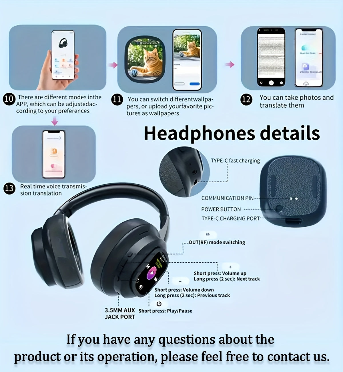 New hybrid active noise-cancelling headphones(with touchscreen), intelligent AI translation, remote control photography, wireless headphones with microphone, soft ear pads, multiple EQ bass, comfortable fit ear cups, suitable