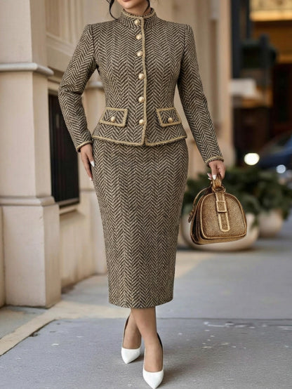 Plus Size, 2pcs Plus Size Brown Herringbone Blazer & Midi Skirt Suit - Houndstooth/Herringbone Matching Professional Outfits, Hand Washable Blazer & Skirt for Workplace, Formal Events, Elegant Commute Style (No Stretch) 2pcs