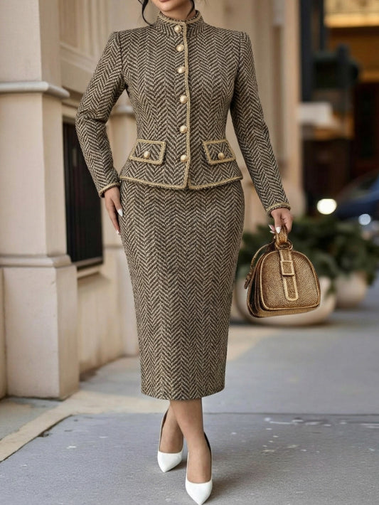Plus Size, 2pcs Plus Size Brown Herringbone Blazer & Midi Skirt Suit - Houndstooth/Herringbone Matching Professional Outfits, Hand Washable Blazer & Skirt for Workplace, Formal Events, Elegant Commute Style (No Stretch) 2pcs