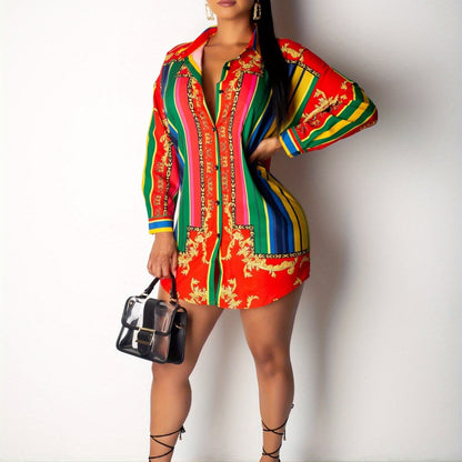 Ladies' Casual Shirt Dress with Colorful Striped Long Sleeved Shirt Dress