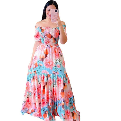 2023 New Spring Summer European and American Women's Fashion Off-Shoulder Floral Print Long Dress
