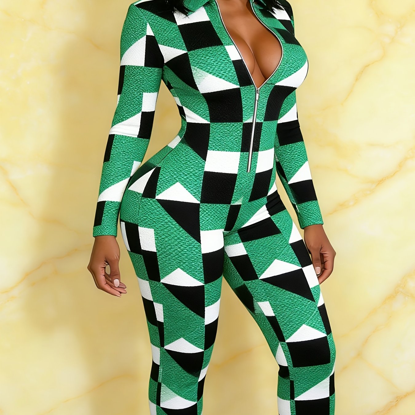 Ladies' Four-Season Long-Sleeved Sexy Jumpsuit | Front Zipper Design, Light Style, Fashionable Full-Print, Perfect for Daily Outings and Casual Wear - G077