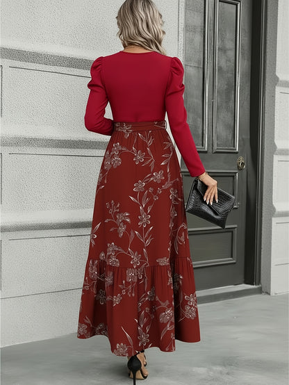 Women'S Navy Blue Floral Tie-Waist Maxi Dress | Retro Elegant Style, Suitable for Daily Streetwear, Light Social Occasions, and Chic Gatherings