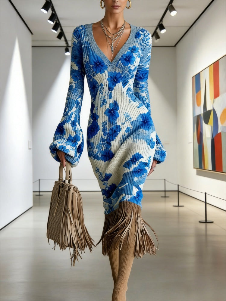 Cross-border New Autumn And Winter Sweater Dress, Floral Flower Printing, Sexy V-neck Long-sleeved Design, Fringed Hem Embellishment, Warm And Thin Temperament Commuter Bottom Dress