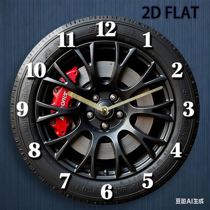 Modern minimalist car decoration - 12-inch silent wall clock, black wheels and red brake calipers, 2D flat surface - suitable for garages, living rooms, offices, industrial fashionable home decoration, garage decoration, uniq
