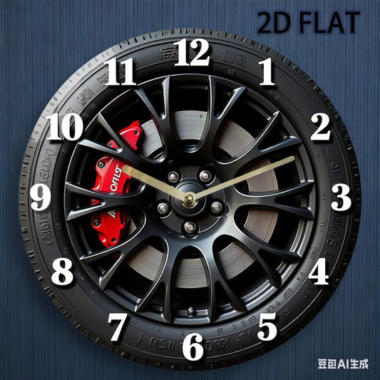 Modern minimalist car decoration - 12-inch silent wall clock, black wheels and red brake calipers, 2D flat surface - suitable for garages, living rooms, offices, industrial fashionable home decoration, garage decoration, uniq