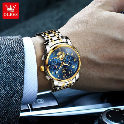 OLEVS Men's Luxury Multifunctional Quartz Watch - Stainless Steel Luminous Analog Watch with Moon Phase, Chronograph, Date/Day/24H Indicator, Golden-Tone & Bracelet for Business, Casual, Casual Attire - Dress Watch