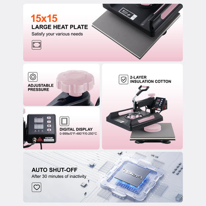 Happybuy 8-In-1 Heat Transfer Machine, 15X15 Inch with Tumbler Press, 360° Swing Away Digital Press for T-Shirts, Mugs, Hats, And Plates, in Black