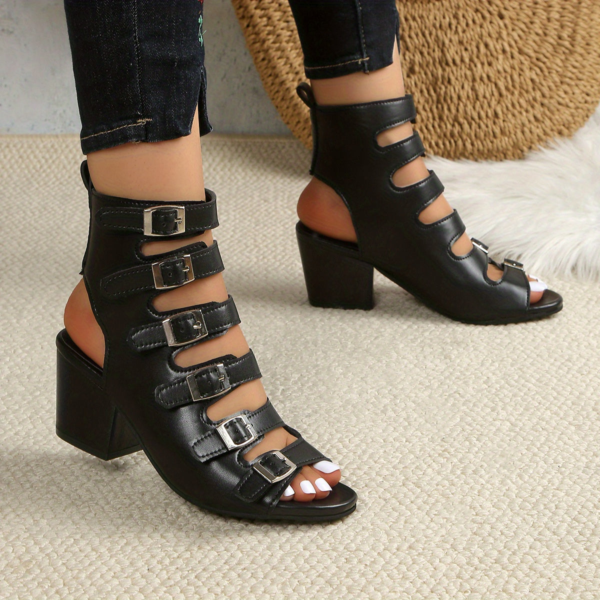 Women's Faux Cover Multi-Buckle High-Heel Sandals - Pointed Toe Moccasin-Style Square Heel with Lacing System & Arch - PU Cover Upper & Rubber Sole - Solid Black Dress Shoes for Women (Wide Widths Available) - Hand Washable -