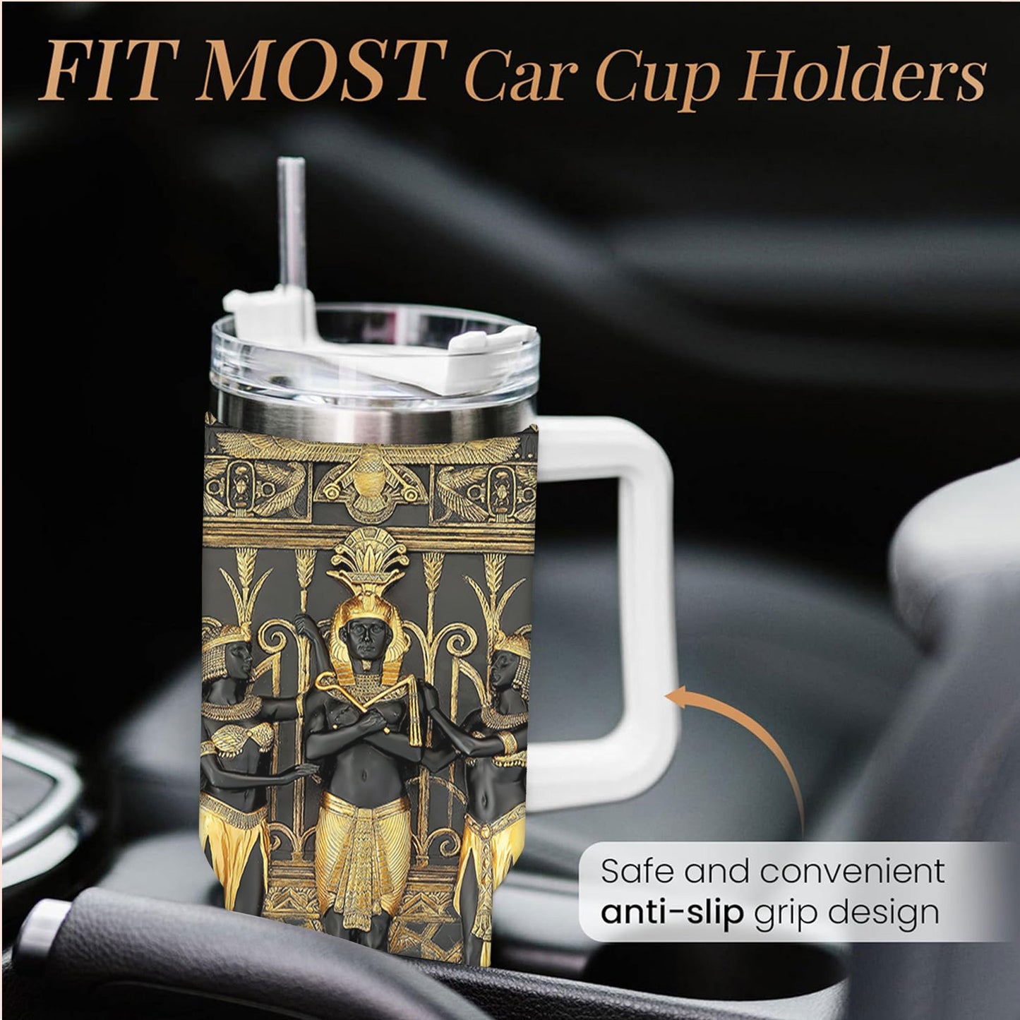40oz Egyptian Art Style Tumbler, Double Wall Vacuum Insulated Travel Mug, Spill Proof Lid, Perfect Gift for Dad, Mom, Ideal for Christmas, Thanksgiving, Valentine's, Mother's, Father'S Day, Gift for birthday, Coffee Cup