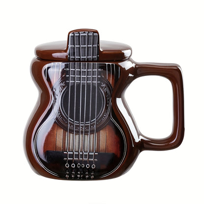 Guitar-Shaped Ceramic Mug - Large 500ml Music-Themed Coffee Cup with Spanish Lyre & Guitar Tab Design, Freezer- Lid, Hand Wash Only - Gift for Musicians, Musically-Inspired Drinkware for Home, Office, Dorm (Guitar Pick Accent