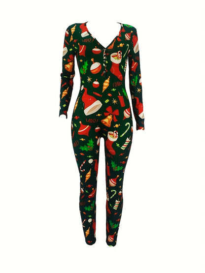 Women'S Christmas Print Lounge Jumpsuit - Sexy Long Sleeve V-Neck Button Front Sleepwear, Vibrant Holiday Design, Lightweight Summer Loungewear for Adults, Christmas Pajamas, Festive Loungewear, Playful Design, Comfortable Fi