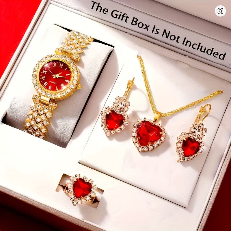 5pcs Golden Luxury Women'S Rhinestone Ring Necklace Earring And Wrist Watch Set, Elegant Ladies Bracelet Watches Jewelry Set, Jewelry for Women, Special for Party And Gifts, Lucky Gifts Holiday Presents are Exclusively Provid