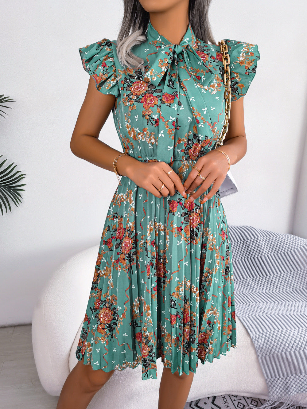 Women'S 2026 Spring Summer Elegant Floral Tie Waist Maxi Flare Pleated Dress | Lightweight, Breathable, Soft, Comfortable, Versatile, Casual Party Dating Daily Going Out Dress, Sleeveless, Crew Neck, Regular Fit