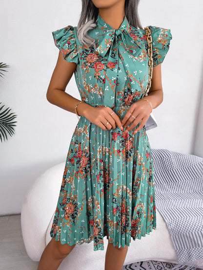 Women'S 2026 Spring Summer Elegant Floral Tie Waist Maxi Flare Pleated Dress | Lightweight, Breathable, Soft, Comfortable, Versatile, Casual Party Dating Daily Going Out Dress, Sleeveless, Crew Neck, Regular Fit