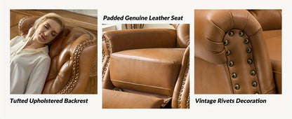 Genuine Leather Recliner Chair - Manual Push Back Recliner Sofa w/ Solid Hardwood Legs, Brown Luxury Living Room Armchair, Easy Assembly Non-Electric Recliner for Home Theater & Reading Nook - Durable Leather Upholstery, Soph