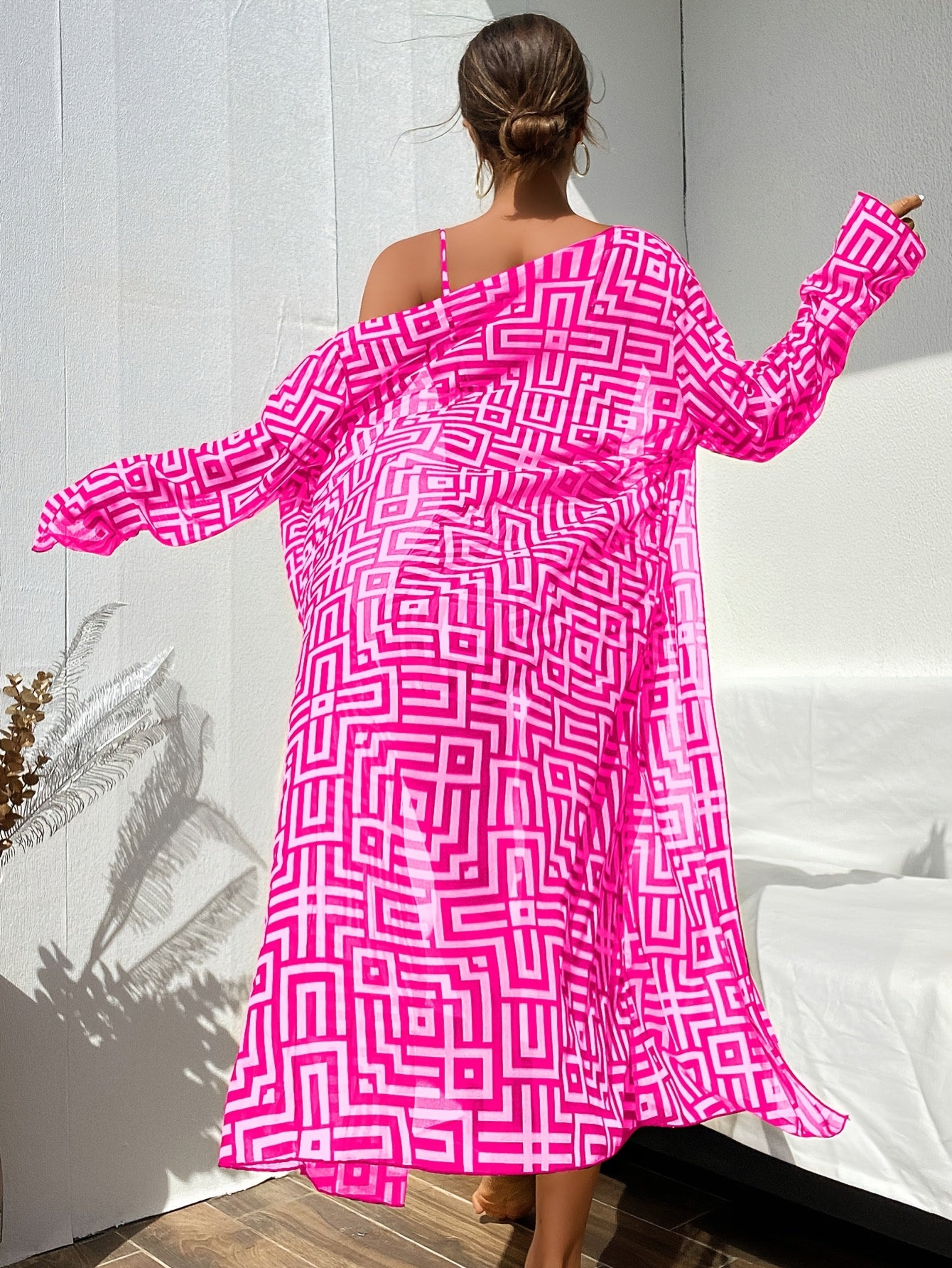 3pcs Set Women's Bikini Set - Geometric Pattern, Sexy Long Sleeve Design, Smooth Polyester Fabric - Medium Stretch, 300g/m² Knit Fabric - Beach Vacation Fashion | Machine Washable | Elegant Shawl Front Cover
