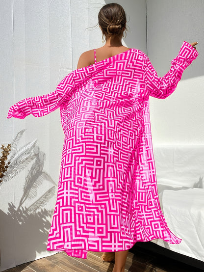 3pcs Set Women's Bikini Set - Geometric Pattern, Sexy Long Sleeve Design, Smooth Polyester Fabric - Medium Stretch, 300g/m² Knit Fabric - Beach Vacation Fashion | Machine Washable | Elegant Shawl Front Cover
