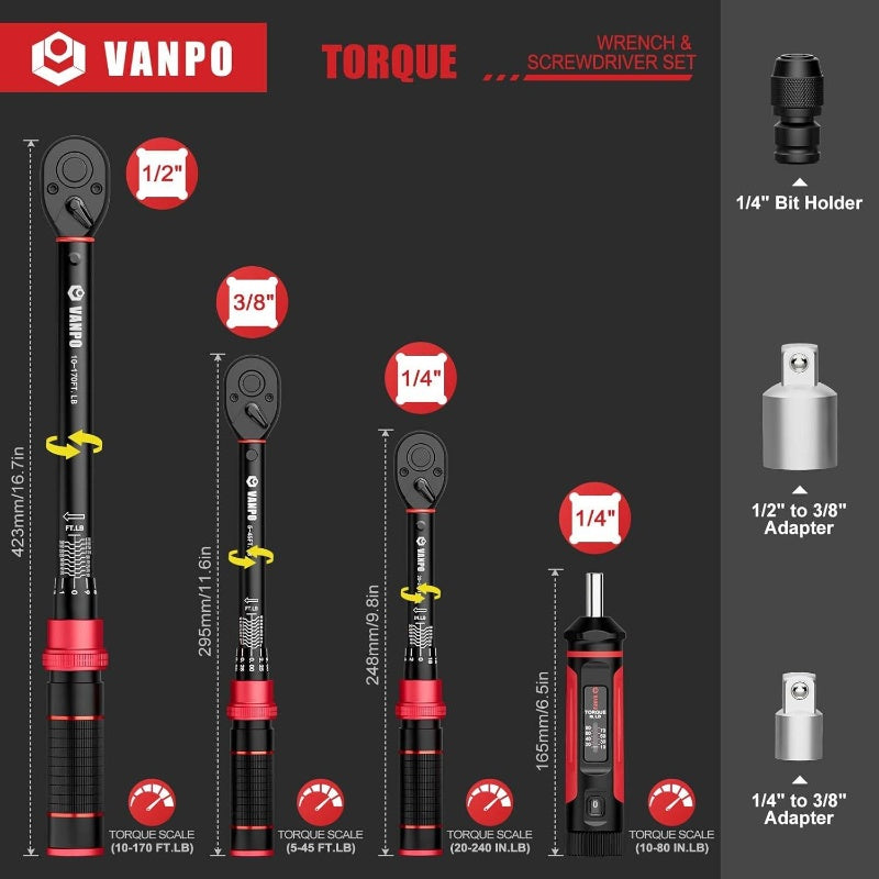 Torque Wrench Set, 14 38 12 Click Torque Wrenches 20 - 240in - lb, 5 - 45ft - lb, 10 - 170ft - lb 3 Accuracy 10u201380in - lb Torque Screwdriver, Automotive, Motorcycle, Bike Scope, Adjustable Torque Wrench, Torque Wrench for