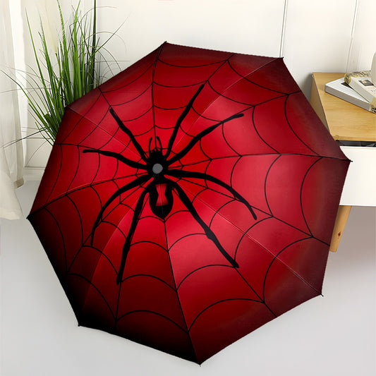 Spider Web Design Automatic Umbrella - Red & Black Spider Web Pattern, Compact Folding Parasol with 8-Rib Stability, Portable Travel Umbrella for Women/Men, Halloween Costume Accessory, Everyday Carry - Ideal Gift for Horror