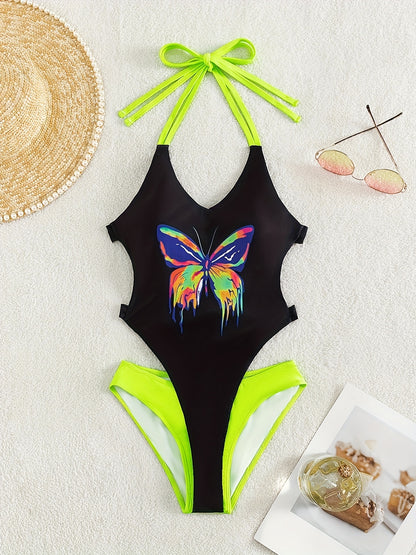 Women's Sexy Butterfly Print Monokinis Swimsuit - Halter Neck, Cut Out Backless, High Cut, Smooth Polyester & Spandex Fabric - Summer Beach Wear | High Stretch & Machine Washable | Customized SXY Special Collection