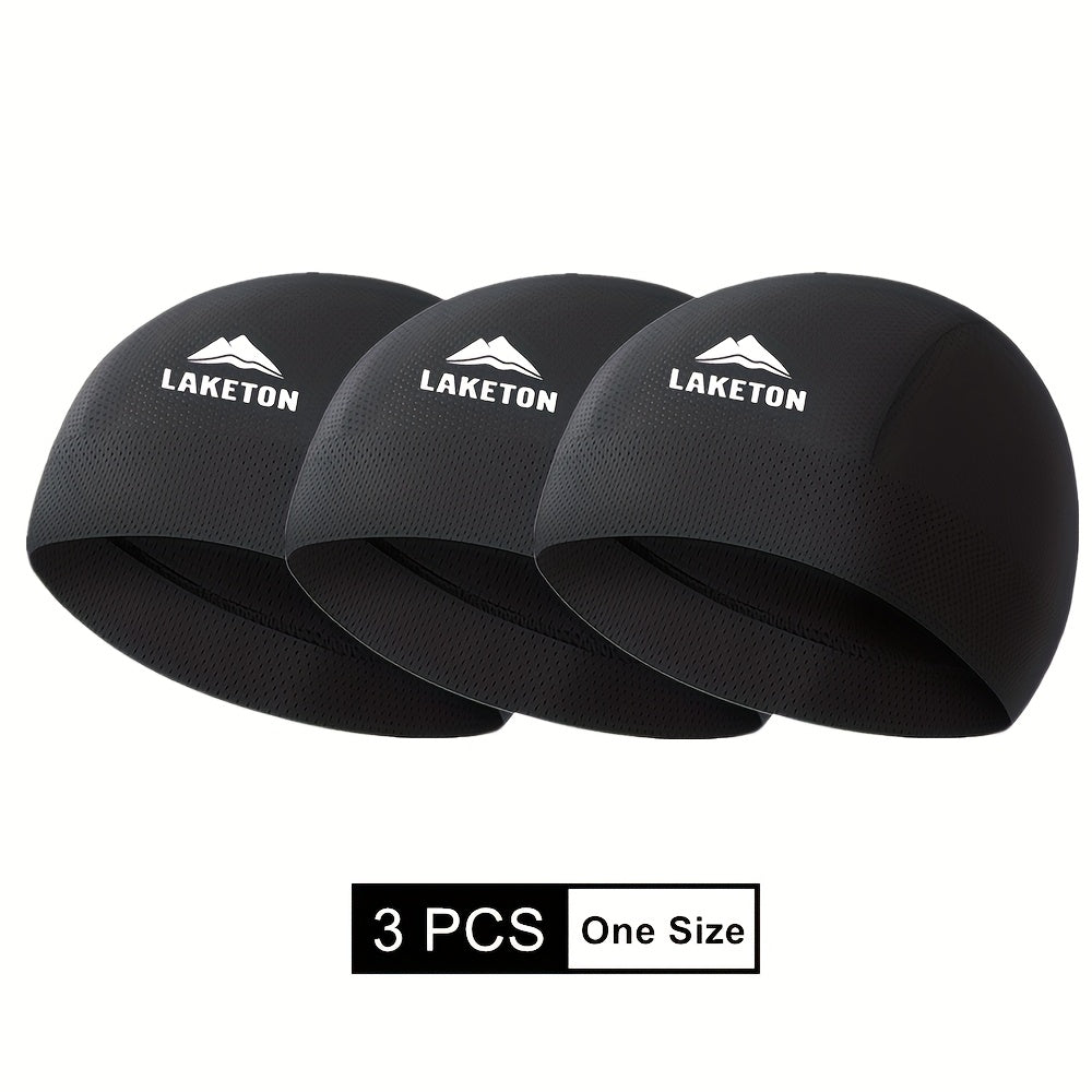 3pcs Men'S Lightweight, Breathable Running Caps - High Elastic, Quick-Dry, Moisture-Wicking for Outdoor Sports & Cycling, Black with White Logo, Sports Headgear | Modern Knit Cap | Stretchable Fabric