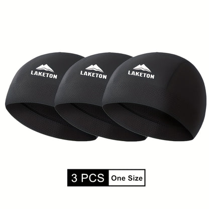 3pcs Men'S Lightweight, Breathable Running Caps - High Elastic, Quick-Dry, Moisture-Wicking for Outdoor Sports & Cycling, Black with White Logo, Sports Headgear | Modern Knit Cap | Stretchable Fabric
