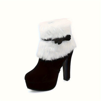 Women's Plush Lined Short Bowknot Boots with High Block Heel - Round Toe Zipper Closure Winter Boots, Soft Rubber Sole & Bow Accent Christmas Boots for Jeans/Casual Outfits (Hand Washable)