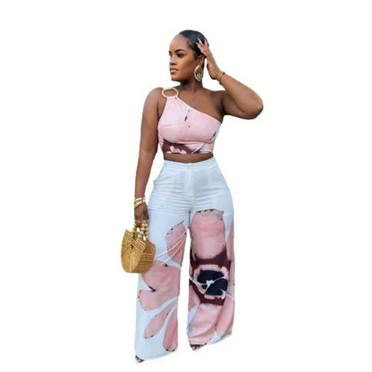 D9738 Women'S Y2K Fashion Floral Print One-Shoulder Slim Fit Wide-Leg Pants Two-Piece Set - Sexy Spring/Fall Outfit, Spring Fashion|Sleek Shoulder Design|Polyester Fabric