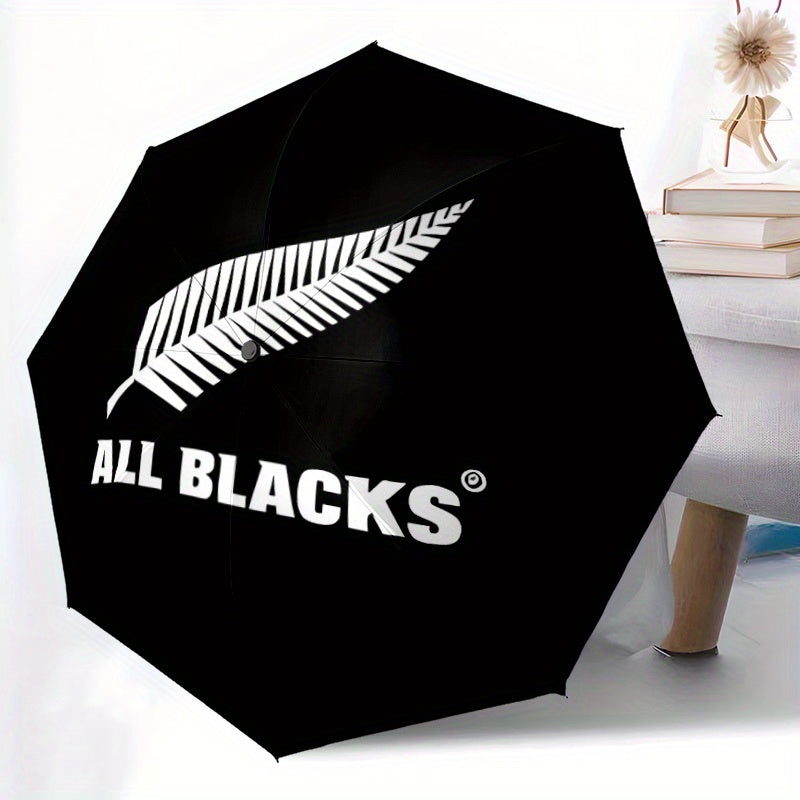 All Blacks Automatic Folding Umbrella - 8-Rib Durable Windproof Portable Travel Umbrella with Sleek Black Design & "All Blacks" Logo, Ideal for Holiday Gifts, Outdoor Umbrella, Modern Accessory, Sturdy Handle