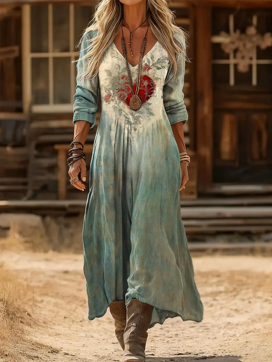 Vintage Tie Dye Heart Print V-neck Long Sleeved Dress | Loose Waist and Large Swing Design, Perfect for Autumn and Winter, Suitable for Western Pasture, Countryside Stroll, and Retro Folk Market