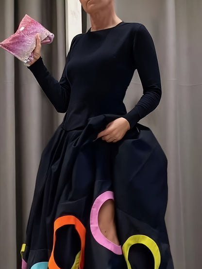 Women's Elegant A-Line Maxi Dress - Long Sleeve Hollow Round Neck Loose Fit Dress Suitable for Weddings, Parties, Banquets | Fall Winter Wedding Guest Gown
