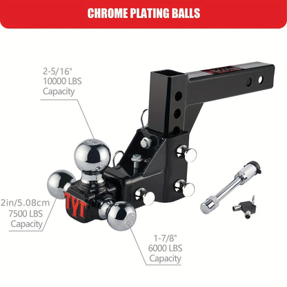 TYT Adjustable Trailer Hitch Ball Mount, Tri-Ball (1-7/8'' X 2'' X 2-5/16''), Fits 2'' Receiver, 5'' Rise/Drop Hitch, Hitch for Heavy Duty Truck, Solid Ball Mount, 10000 LBS GTW, BLACK